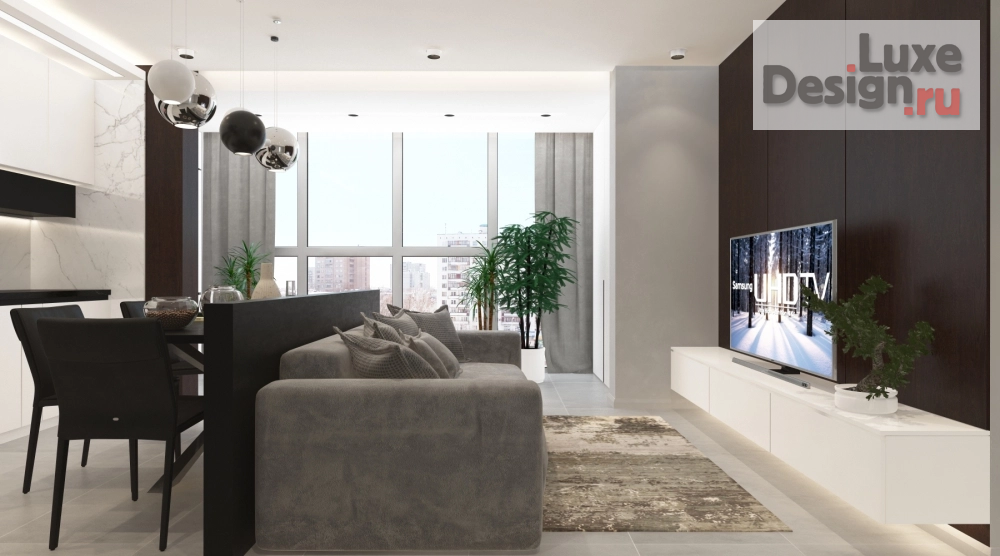 Дизайн интерьера гостиной "Сдержанный, строгий интерьер кухни-гостиной в современном стиле" (фото 4)