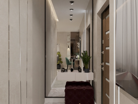 Дизайн интерьера однокомнатной квартиры в Тюмени "Новый, современный и стильный проект в ЖК «Олимпия»✨ ⠀ Отделка выполнена в светлой цветовой гамме, с контрастными акцентами в предметах мебели и декора!"